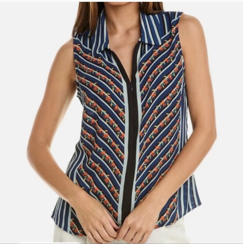 NWOT Cabi Chevron Top  6318 Blue W Orange Flowers
